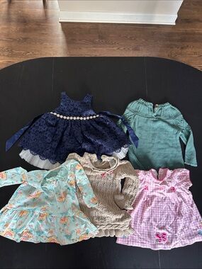 Lot of 5 Baby Girl Dresses and Sweaters - Navy, Mint, Pink, Cream, Aqua